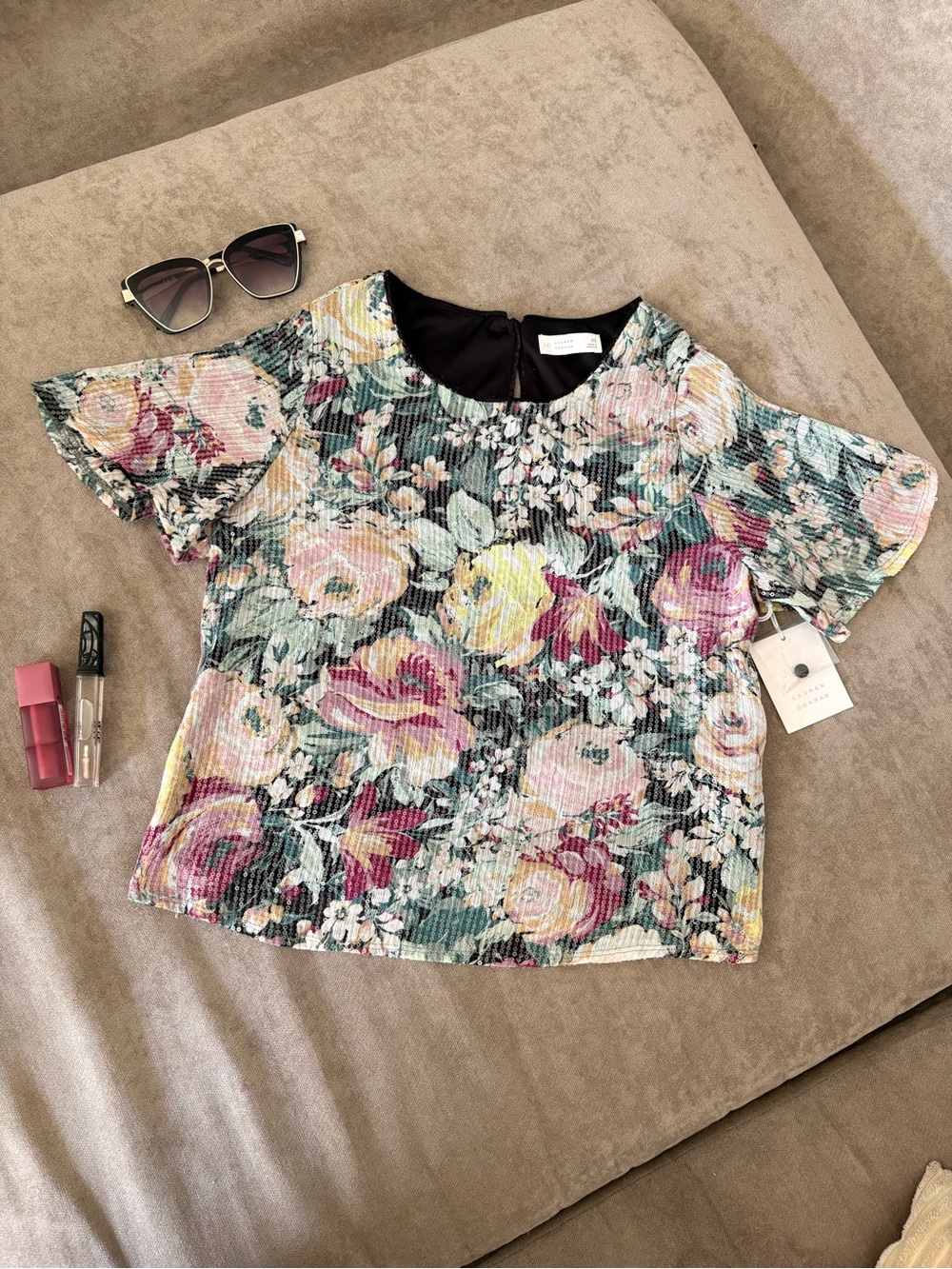 Lauren Conrad Floral Pleated Short-Sleeve Top in Mint and Pink